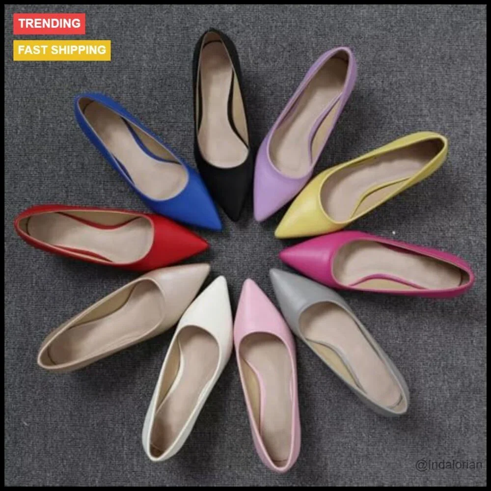 Leather Pointed Toe Low Heel Dress Pumps with Rubber Sole